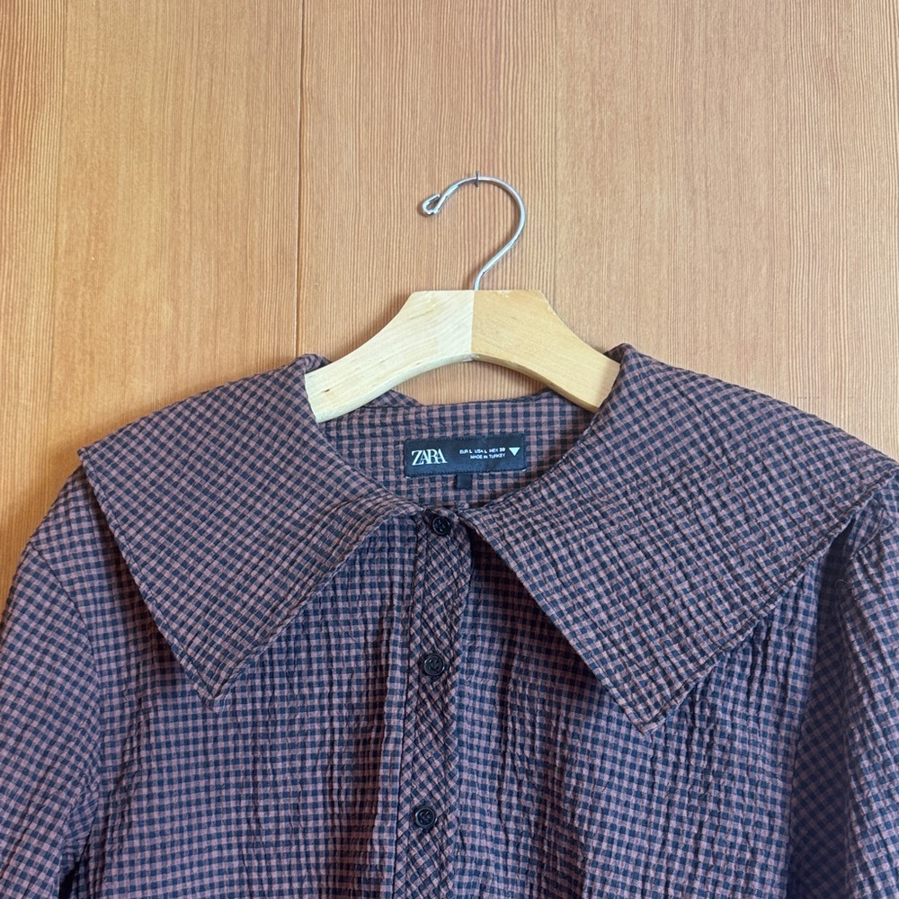 Zara Brown Checked Button-Down with Oversized Col… - image 3